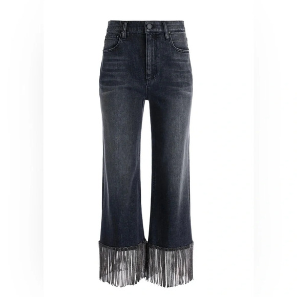 Alice + Olivia Amazing Crystal Fringe Hem Jean Size 26 Maya Charcoal Black - Picture 3 of 14